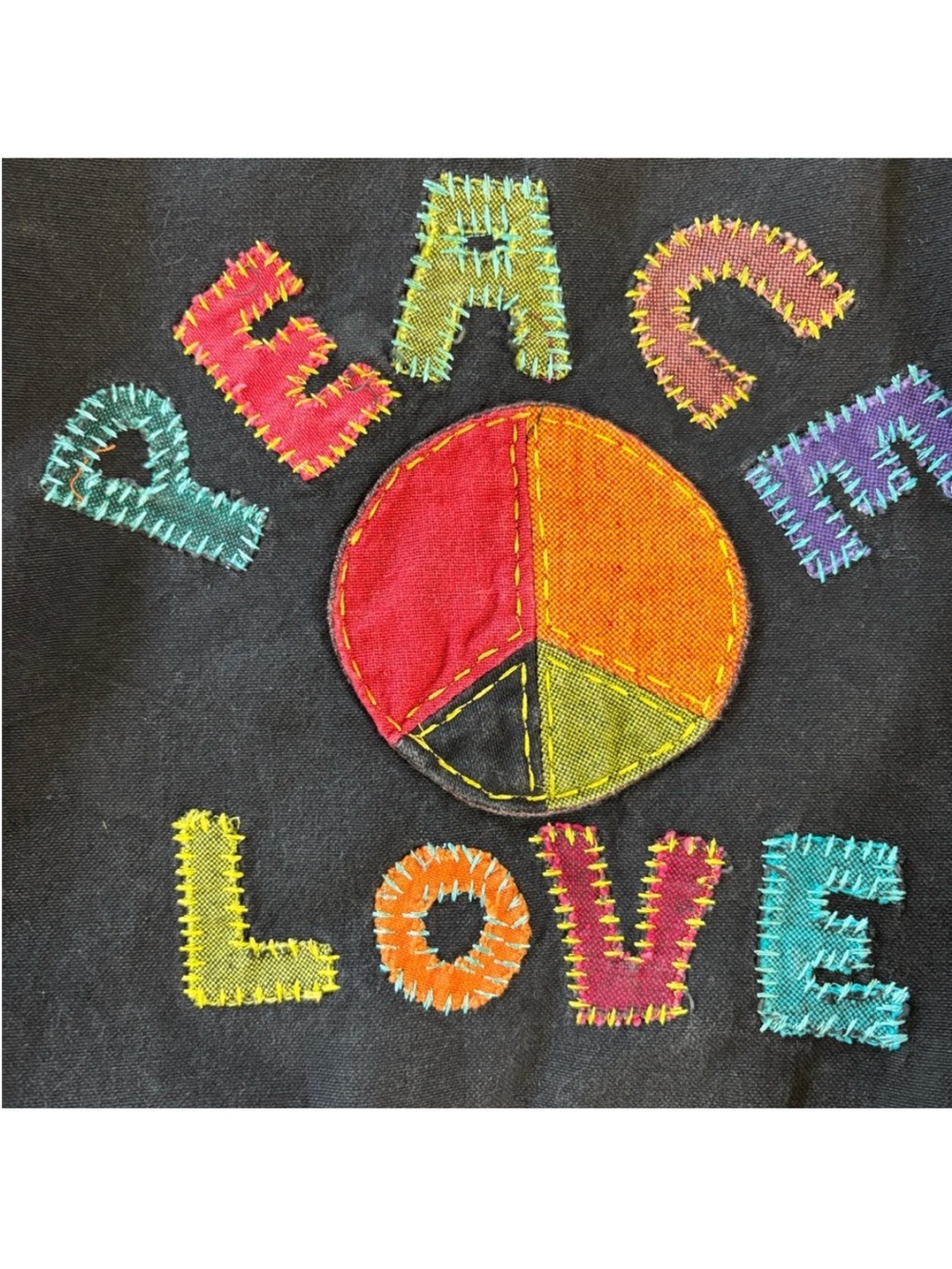 Green & Black Crossbody Bag with Multicolor Peace & Love Appliqué - campus casua